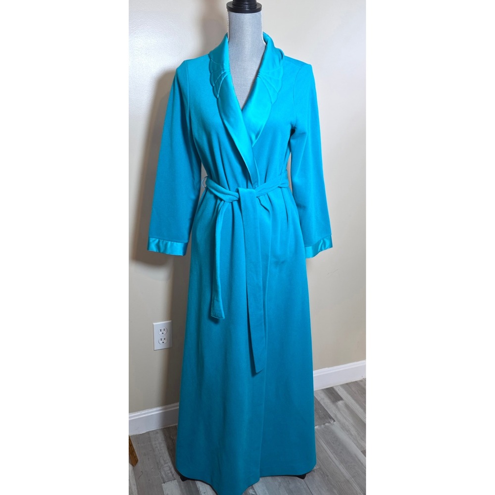 Vintage Vanity Fair Turquoise Blue Maxi Wrap Robe Satin Trim Size 12 Dacron
